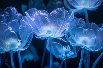 Bioluminescent blooms burst forth from the earth, their delicate petals unfurling to reveal a hidden world of wonder beneath the surface. - obrazy, fototapety, plakaty