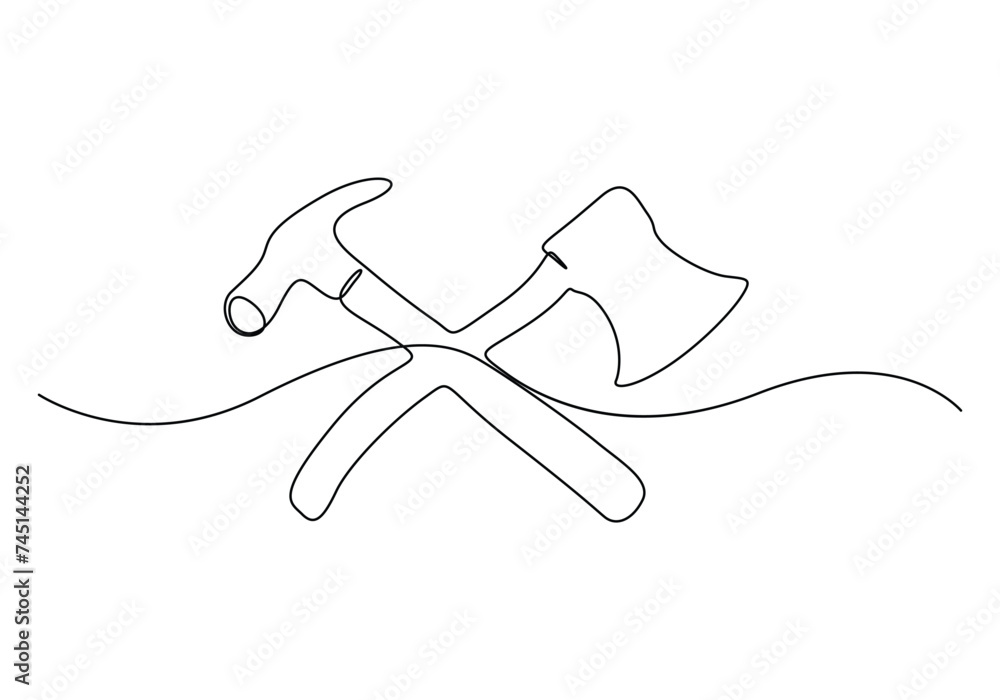 Poster continuous single line drawing of lumberjack axe with hammer crossed vector illustration. free vecto