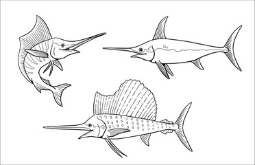 Set of different swordfish to color in. Vector template for a coloring book with fish. Coloring template for kids.	