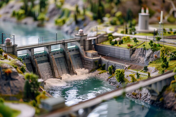 hydroelectric power station, dam on the river, model