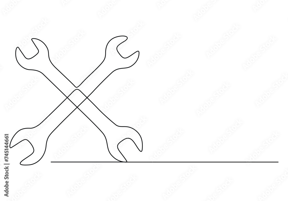 Poster continuous single line drawing of wrench. two cross wrench. auto service concept. vector illustratio