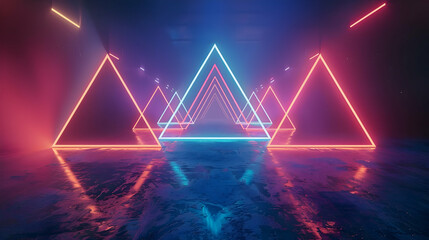 A captivating photograph capturing the ethereal beauty of abstract geometric shapes and structures glowing with neon lights, creating.