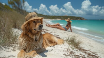 Pies leżący na piaszczystej plaży obok oceanu w stylowym kapeluszu przeciw słonecznym. W tle...
