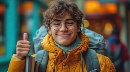 Młody chłopak w okularach z książkami pod pachą i dużym plecakiem podróżniczym daje kciuk w górę.