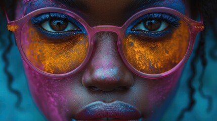 Fotografia przedstawia bliskie zbliżenie kobiety z cyberpunkowym makijażem na twarzy i stylowych okularach