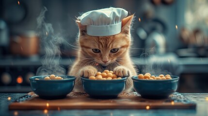 Kot kucharz przygotowuje jedzenie w trzech miskach w kuchni - obrazy, fototapety, plakaty