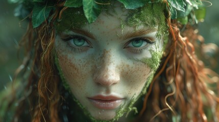 Kobieta z zielonymi liśćmi na głowie - obrazy, fototapety, plakaty
