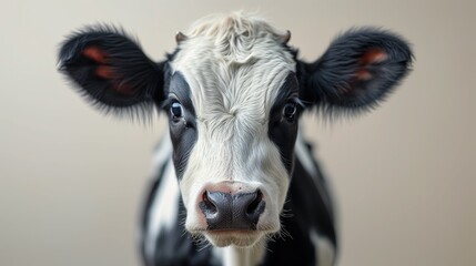 Czarno-biała krowa w zbliżeniu. Widok z przodu. Zbliżenie na twarz - obrazy, fototapety, plakaty