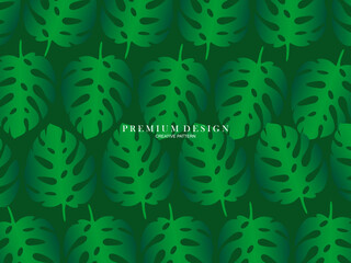 Green tropical jungle wallpaper of monstera leaves in hand drawn pattern. Exotic plant background for banners, prints, decorations, wall art.