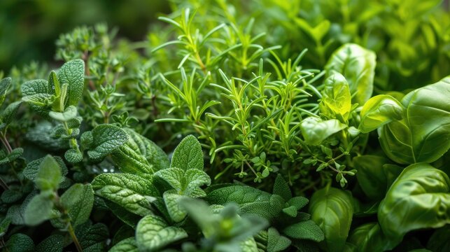 A vibrant close-up image of various fresh green herbs growing in a lush garden setting..