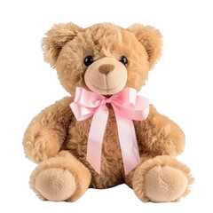 Teddy bear with pink ribbon isolated on white or transparent background