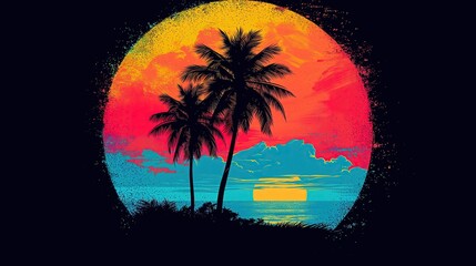 Projekt na koszulkę z tłem retro o zachodzie słońca i palmami - obrazy, fototapety, plakaty