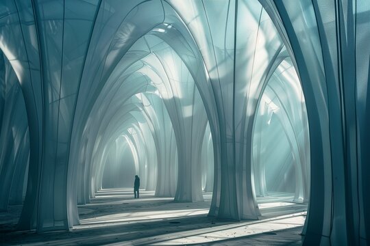 Translucent membranes stretch between slender, biomorphic arches, creating an otherworldly cathedral of light and shadow.
