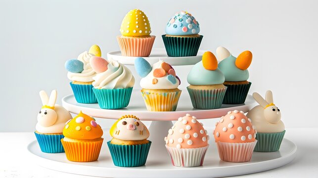 High-resolution image of a collection of Easter cupcakes, each with unique and colorful designs, on a white tiered stand, white background