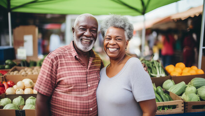 A cheerful African American senior couple navigate a bustling farmer's market, as they explore the delights of sustainable and healthy living in retirement.