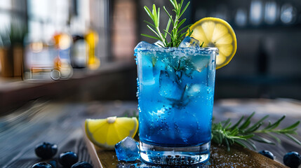 A glass of delicious blue cocktail blue and yellow lemons on the background of nature. Alcoholic cocktail juicy fruit blue with curacao liqueur, ice cubes and lemon slices,cocktail in the bar,

 - obrazy, fototapety, plakaty