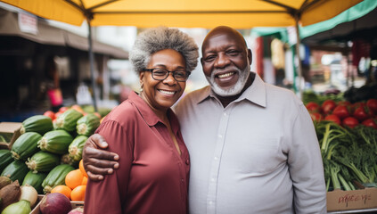 A cheerful African American senior couple navigate a bustling farmer's market, as they explore the delights of sustainable and healthy living in retirement.