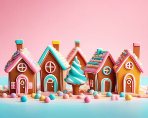 Cute gingerbread houses in pastel colors. sweet town on delicate pink background, space for text
