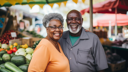 A cheerful African American senior couple navigate a bustling farmer's market, as they explore the delights of sustainable and healthy living in retirement.