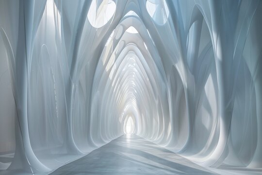 Translucent membranes stretch between slender, biomorphic arches, creating an otherworldly cathedral of light and shadow.