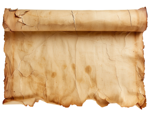 Old mediaeval paper sheet parchment scroll isolated on white or transparent background
