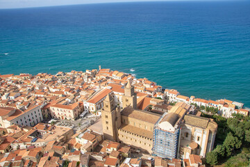 Naklejka na ściany i meble Landscape of Cefalu from the rock and the ruins of castle