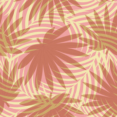 Seamless pattern with hand drawn tropical palm leaves on pink background.