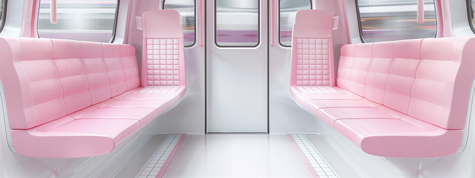 Train. White and baby pink tiled metro interior car seat metro interior, in the style of photo-realistic landscapes, drawing machines, double lines, opaque resin panels, kombuchapunk, ad posters.