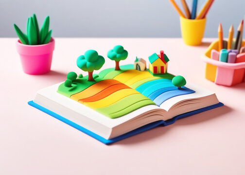 open book on desktop. open pages depict 3D trees and rainbow meadow. concept: learning, imagination