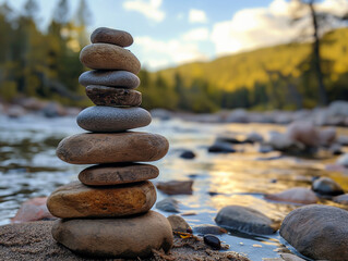 A serene pile of smoothly rounded balanced stones by a river, capturing a peaceful and meditative atmosphere during sunset