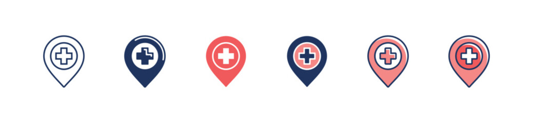 hospital pin location icon set health care map pointer mark clinic position vector with cross symbol illustration