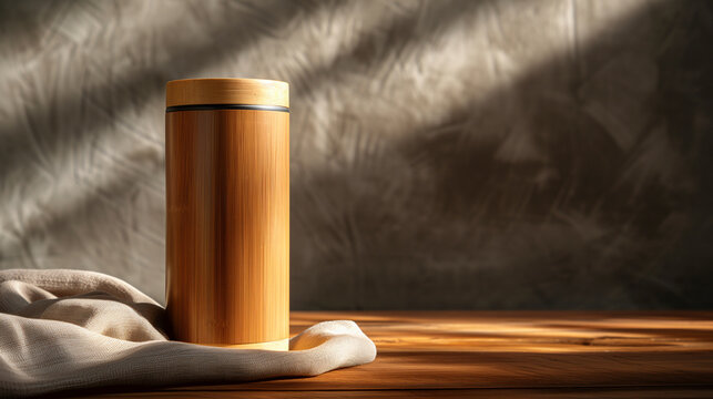 Bamboo Tumbler Photo. Eco Friendly Insulated Wooden Water Bottle Mug.