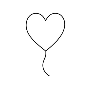 Vector isolated one single simple heart shaped balloon with thread colorless black and white contour line easy drawing