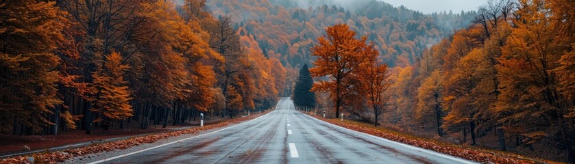 Mountain Road in Autumn. Experience the breathtaking beauty of nature as you journey along a winding road atop majestic mountains - Powered by Adobe