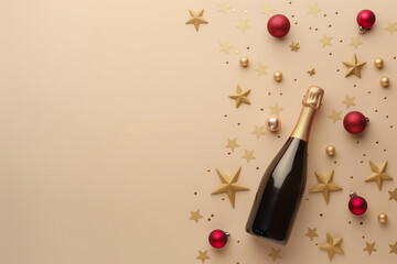 Minimalistic celebration concept with champagne bottle, golden stars, and red baubles on a beige canvas.