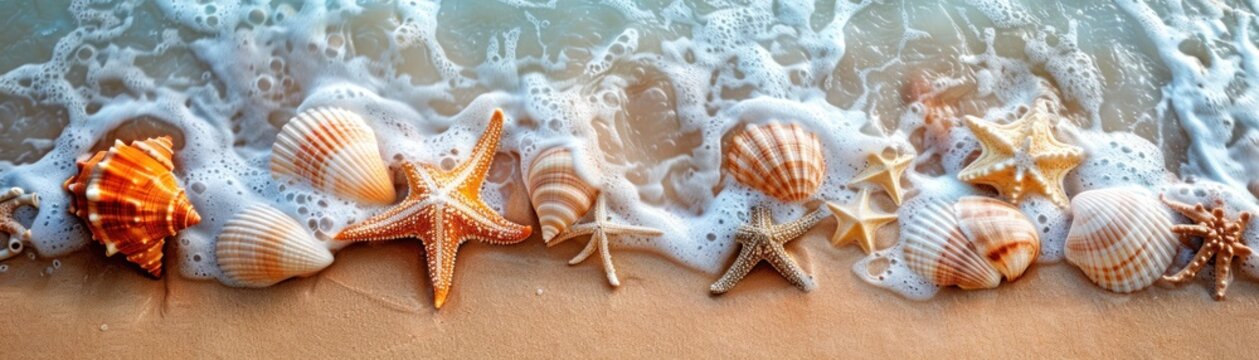 Seashore Serenity. Explore the tranquil beauty of the sandy beach, gentle waves of the sea meet the golden shores. Amongst the scattered shells and starfish