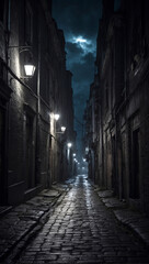 A dark narrow street in a moonlit anonymous city. AI generated illustration.