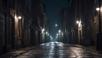 A dark narrow street in a moonlit anonymous city. AI generated illustration. - Powered by Adobe