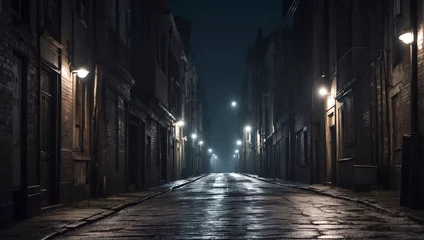 Keuken spatwand met foto A dark narrow street in a moonlit anonymous city. AI generated illustration. © Bruce