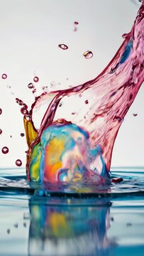 Colored splash liquid in motion on white background.