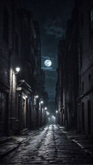 Fototapeta na wymiar A dark narrow street in a moonlit anonymous city. AI generated illustration.