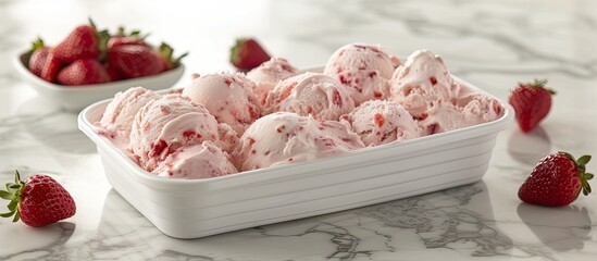 A bowl filled with strawberry ice cream and a side of fresh strawberries. The creamy ice cream and juicy berries create a sweet and refreshing dessert.