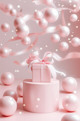 розовая подарочная коробка с лентой и много розовых шаров вокруг