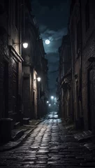 Cercles muraux Ruelle étroite A dark narrow street in a moonlit anonymous city. AI generated illustration.
