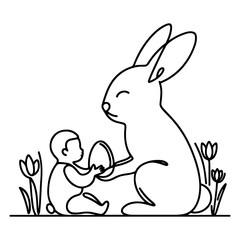 children find and pick up eggs hunt. Hand drawn bunny continuous black line drawing art. Kid carries basket easter egg doodle coloring vector illustration elements.