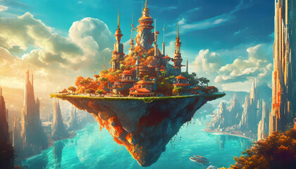 Obraz premium Fantasy-inspired Floating Island with a Modern Twist in luxury city, Overlooking a Scenic on digital art concept.