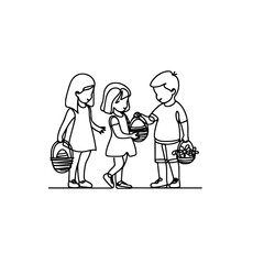 children find and pick up eggs hunt. Hand drawn bunny continuous black line drawing art. Kid carries basket easter egg doodle coloring vector illustration elements.