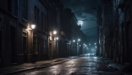 Gartenposter A dark narrow street in a moonlit anonymous city. AI generated illustration. © Bruce