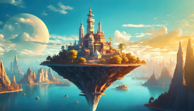 Fantasy-inspired Floating Island with a Modern Twist in luxury city, Overlooking a Scenic on digital art concept.