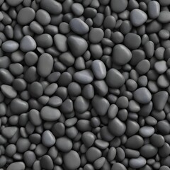 Seamless dark black pile of small stone pebbles background texture. Beautiful shiny zen gravel river rocks widescreen wallpaper repeat pattern. High resolution nature closeup abstract 3D rendering.